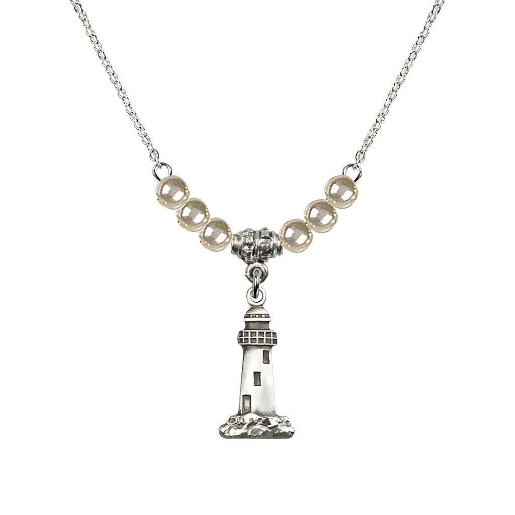 Bliss 4mm Faux Pearl Crystal Beads featuring a Sterling Silver Lighthouse Medal, Medal Measures 3/4-inch tall by 3/8-inch wide