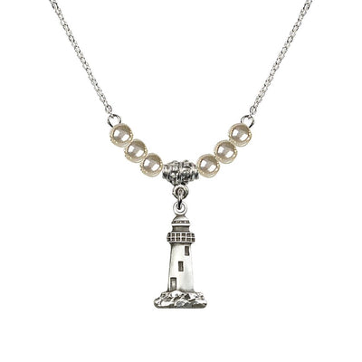 4mm Faux Pearl Crystal Beads featuring a Sterling Silver Lighthouse Medal, Medal Measures 3/4-inch tall by 3/8-inch wide, Bliss Manufacturing