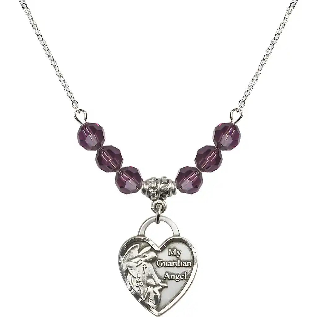 Bliss Heart Shaped Guardian Angel Sterling Silver medal, Birthstone 4mm Austrian Crystal Amethyst Beads for February