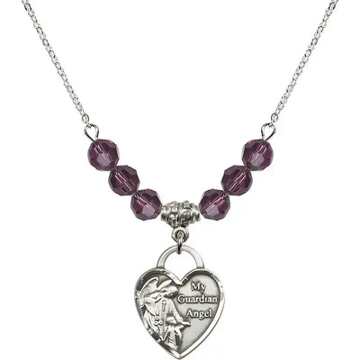Bliss Heart Shaped Guardian Angel Sterling Silver medal, Birthstone 4mm Austrian Crystal Amethyst Beads for February