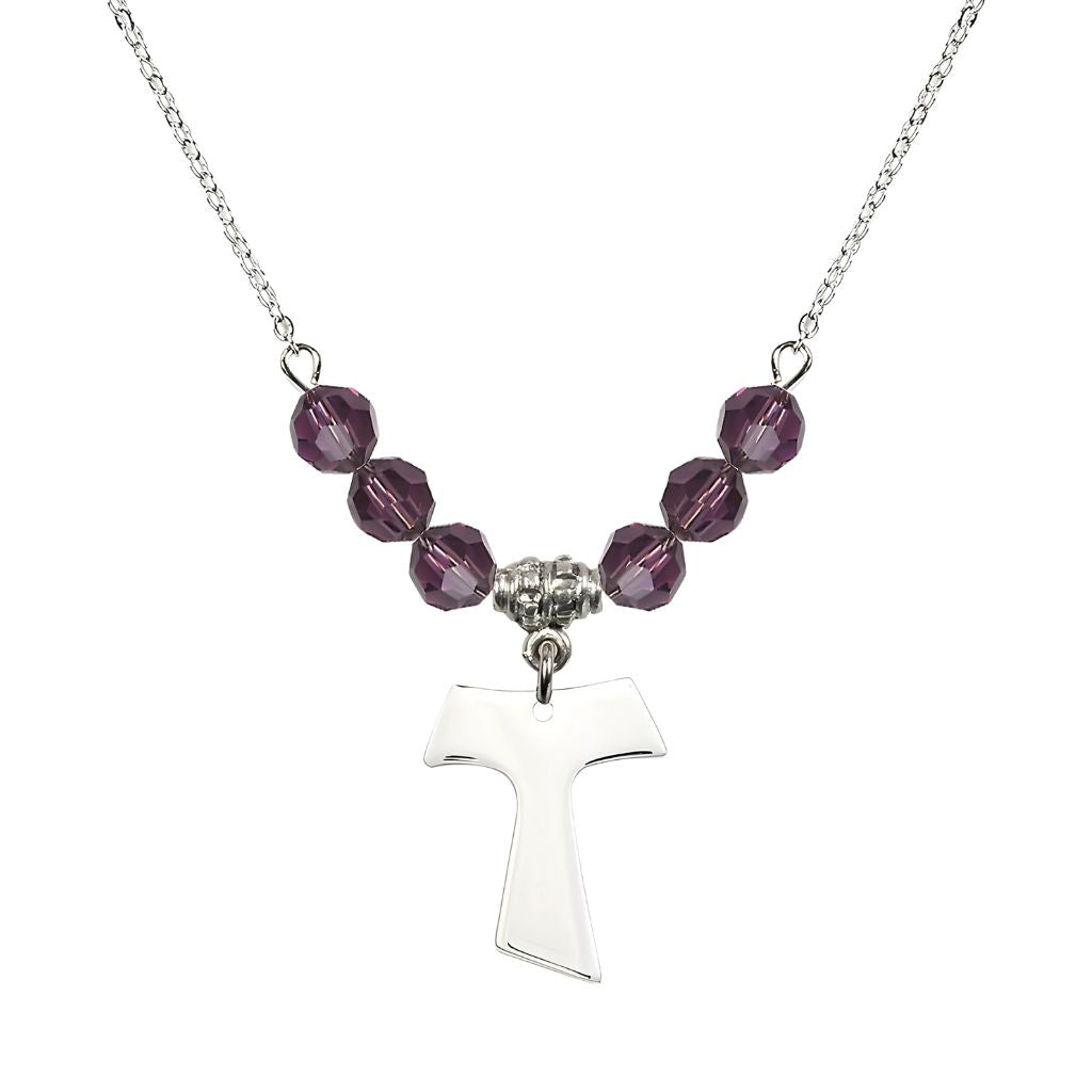 Bliss Franciscan Tau Cross Sterling Silver 6mm Crystal Bead Necklace in Amethyst, Medal Measures 3/4 inch tall by 5/8 inch wide