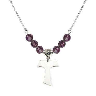 Franciscan Tau Cross Sterling Silver 6mm Crystal Bead Necklace in Amethyst, Medal Measures 3/4 inch tall by 5/8 inch wide, Bliss Manufacturing