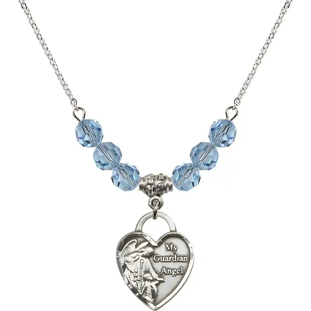 Bliss Heart Shaped Guardian Angel Sterling Silver medal, Birthstone 4mm Austrian Crystal Aqua Beads for March