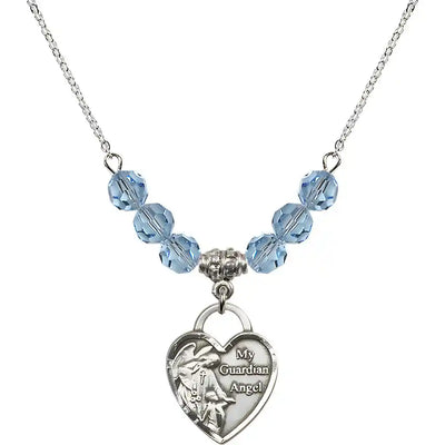 Bliss Heart Shaped Guardian Angel Sterling Silver medal, Birthstone 4mm Austrian Crystal Aqua Beads for March
