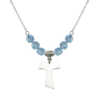 Franciscan Tau Cross Sterling Silver 6mm Crystal Bead Necklace in Aqua, Medal Measures 3/4 inch tall by 5/8 inch wide, Bliss Manufacturing