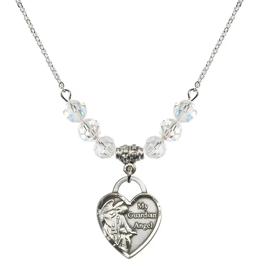 Bliss Heart Shaped Guardian Angel Sterling Silver medal, Birthstone 4mm Austrian Crystal Clear Crystal Beads for April