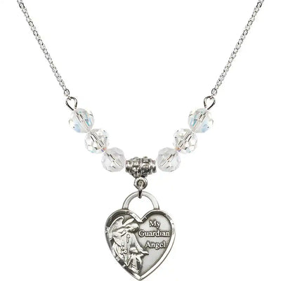 Bliss Heart Shaped Guardian Angel Sterling Silver medal, Birthstone 4mm Austrian Crystal Clear Crystal Beads for April
