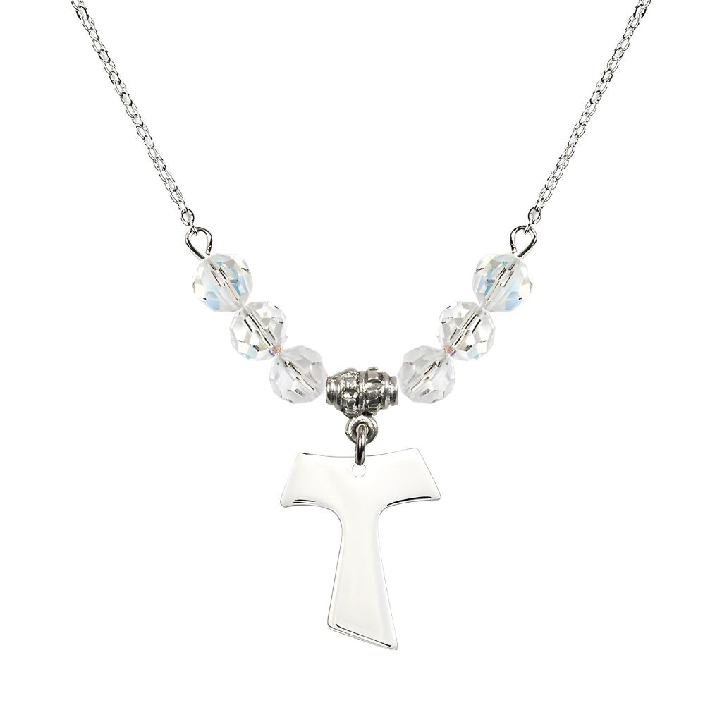 Bliss Franciscan Tau Cross Sterling Silver 6mm Crystal Bead Necklace in Clear, Medal Measures 3/4 inch tall by 5/8 inch wide