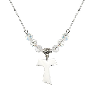 Franciscan Tau Cross Sterling Silver 6mm Crystal Bead Necklace in Clear, Medal Measures 3/4 inch tall by 5/8 inch wide, Bliss Manufacturing