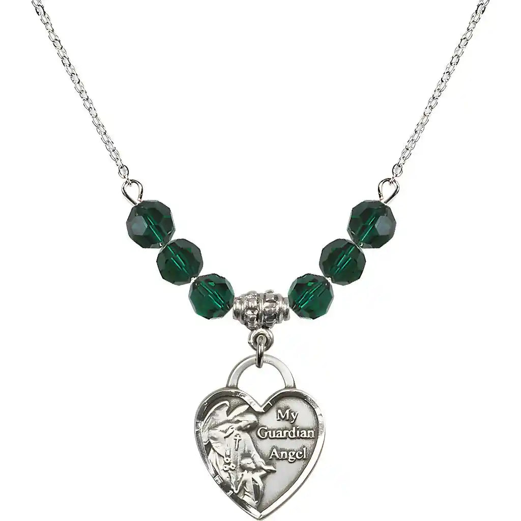 Bliss Heart Shaped Guardian Angel Sterling Silver medal, Birthstone 4mm Austrian Crystal Emerald Beads for May