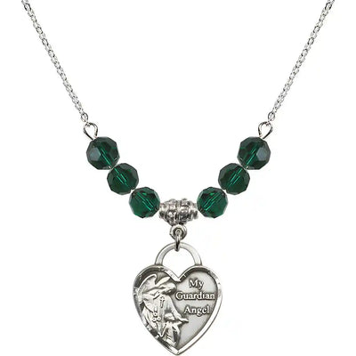 Bliss Heart Shaped Guardian Angel Sterling Silver medal, Birthstone 4mm Austrian Crystal Emerald Beads for May