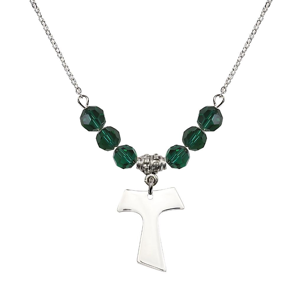 Bliss Franciscan Tau Cross Sterling Silver 6mm Crystal Bead Necklace in Emerald, Medal Measures 3/4 inch tall by 5/8 inch wide