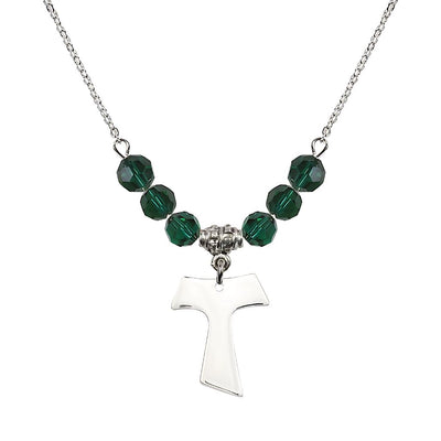 Franciscan Tau Cross Sterling Silver 6mm Crystal Bead Necklace in Emerald, Medal Measures 3/4 inch tall by 5/8 inch wide, Bliss Manufacturing