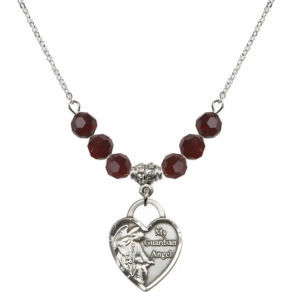 Bliss Heart Shaped Guardian Angel Sterling Silver medal, Birthstone 4mm Austrian Crystal Garnet Beads for January