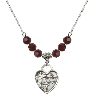 Bliss Heart Shaped Guardian Angel Sterling Silver medal, Birthstone 4mm Austrian Crystal Garnet Beads for January