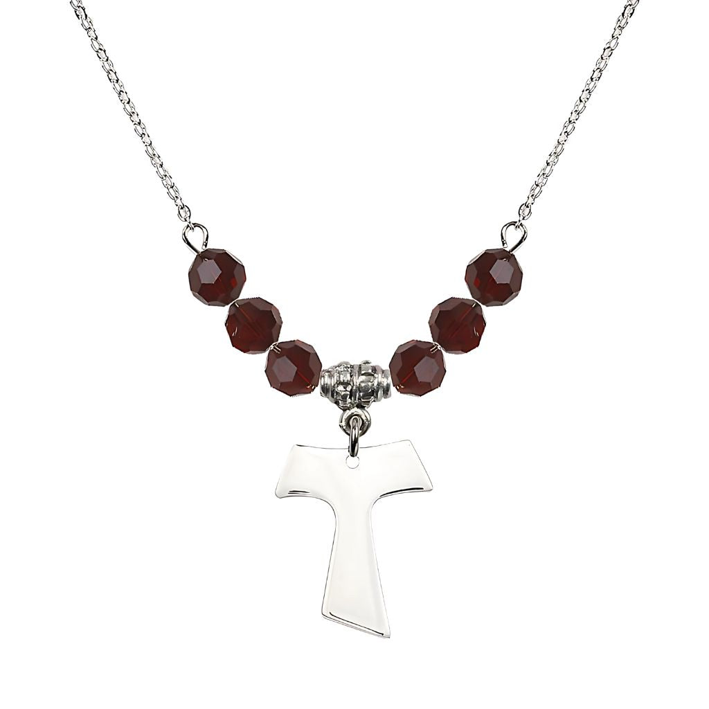 Bliss Franciscan Tau Cross Sterling Silver 6mm Crystal Bead Necklace in Garnet, Medal Measures 3/4 inch tall by 5/8 inch wide
