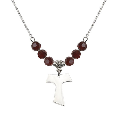 Franciscan Tau Cross Sterling Silver 6mm Crystal Bead Necklace in Garnet, Medal Measures 3/4 inch tall by 5/8 inch wide, Bliss Manufacturing