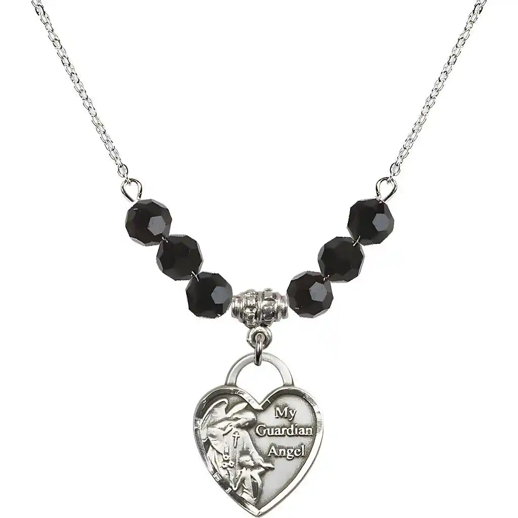 Bliss Heart Shaped Guardian Angel Sterling Silver medal, Birthstone 4mm Austrian Crystal Jet Beads
