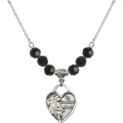 Bliss Heart Shaped Guardian Angel Sterling Silver medal, Birthstone 4mm Austrian Crystal Jet Beads