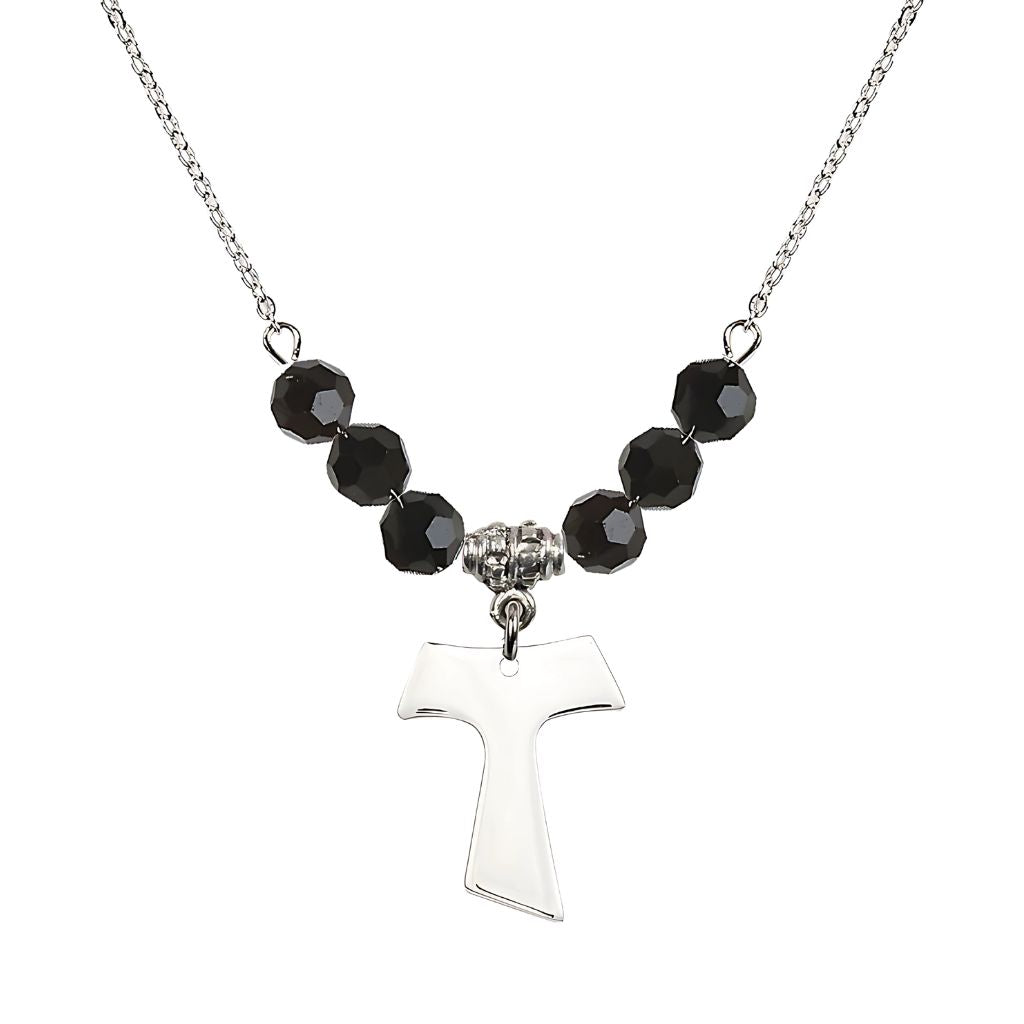 Bliss Franciscan Tau Cross Sterling Silver 6mm Crystal Bead Necklace in Jet, Medal Measures 3/4 inch tall by 5/8 inch wide