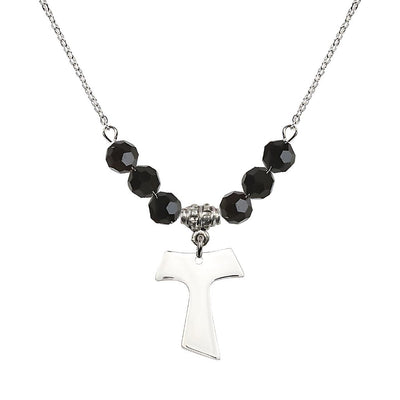 Franciscan Tau Cross Sterling Silver 6mm Crystal Bead Necklace in Jet, Medal Measures 3/4 inch tall by 5/8 inch wide, Bliss Manufacturing
