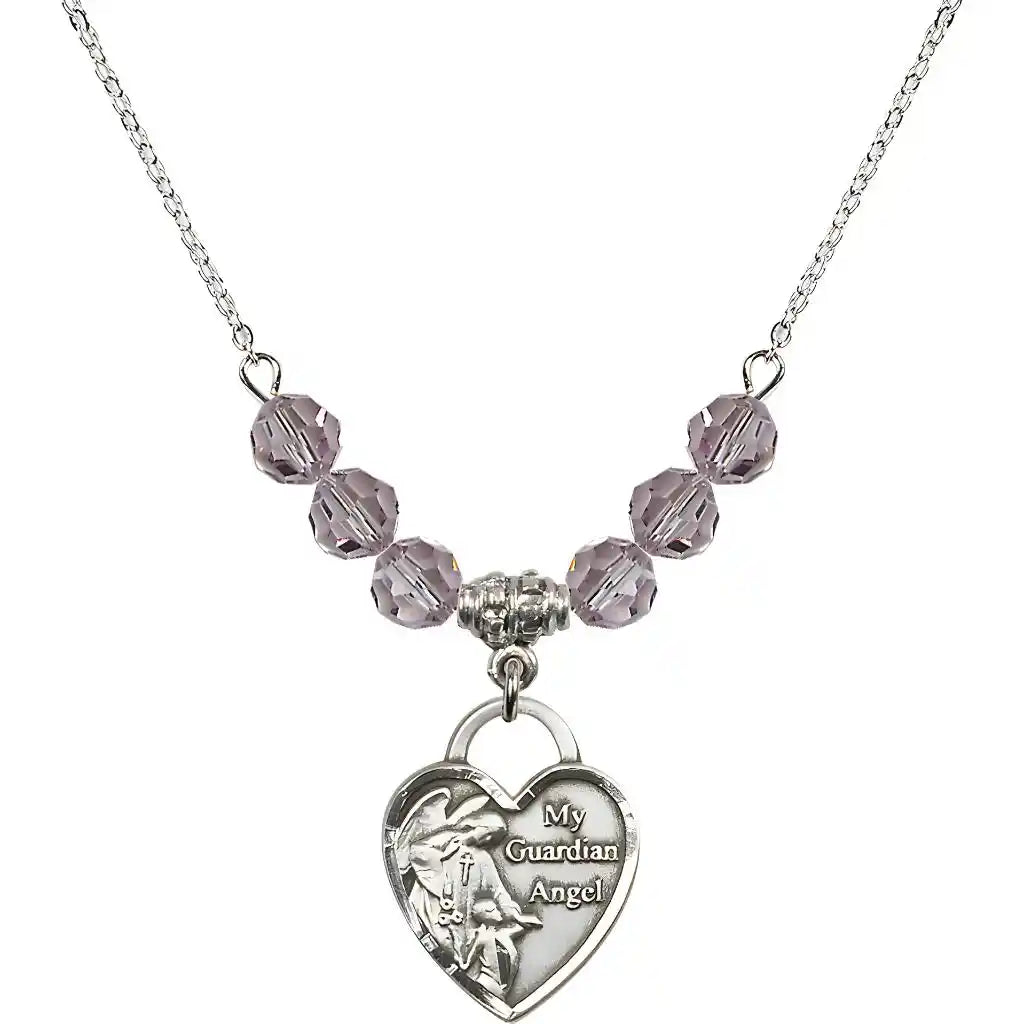 Bliss Heart Shaped Guardian Angel Sterling Silver medal, Birthstone 4mm Austrian Crystal Light Amethyst Beads for June