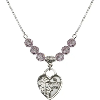 Bliss Heart Shaped Guardian Angel Sterling Silver medal, Birthstone 4mm Austrian Crystal Light Amethyst Beads for June