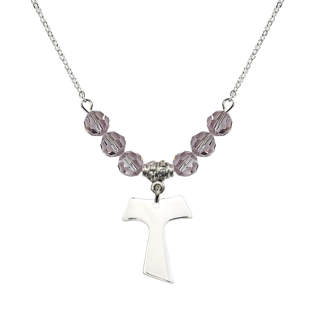 Bliss Franciscan Tau Cross Sterling Silver 6mm Crystal Bead Necklace in Light Amethyst, Medal Measures 3/4 inch tall by 5/8 inch wide