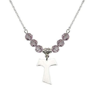 Franciscan Tau Cross Sterling Silver 6mm Crystal Bead Necklace in Light Amethyst, Medal Measures 3/4 inch tall by 5/8 inch wide, Bliss Manufacturing