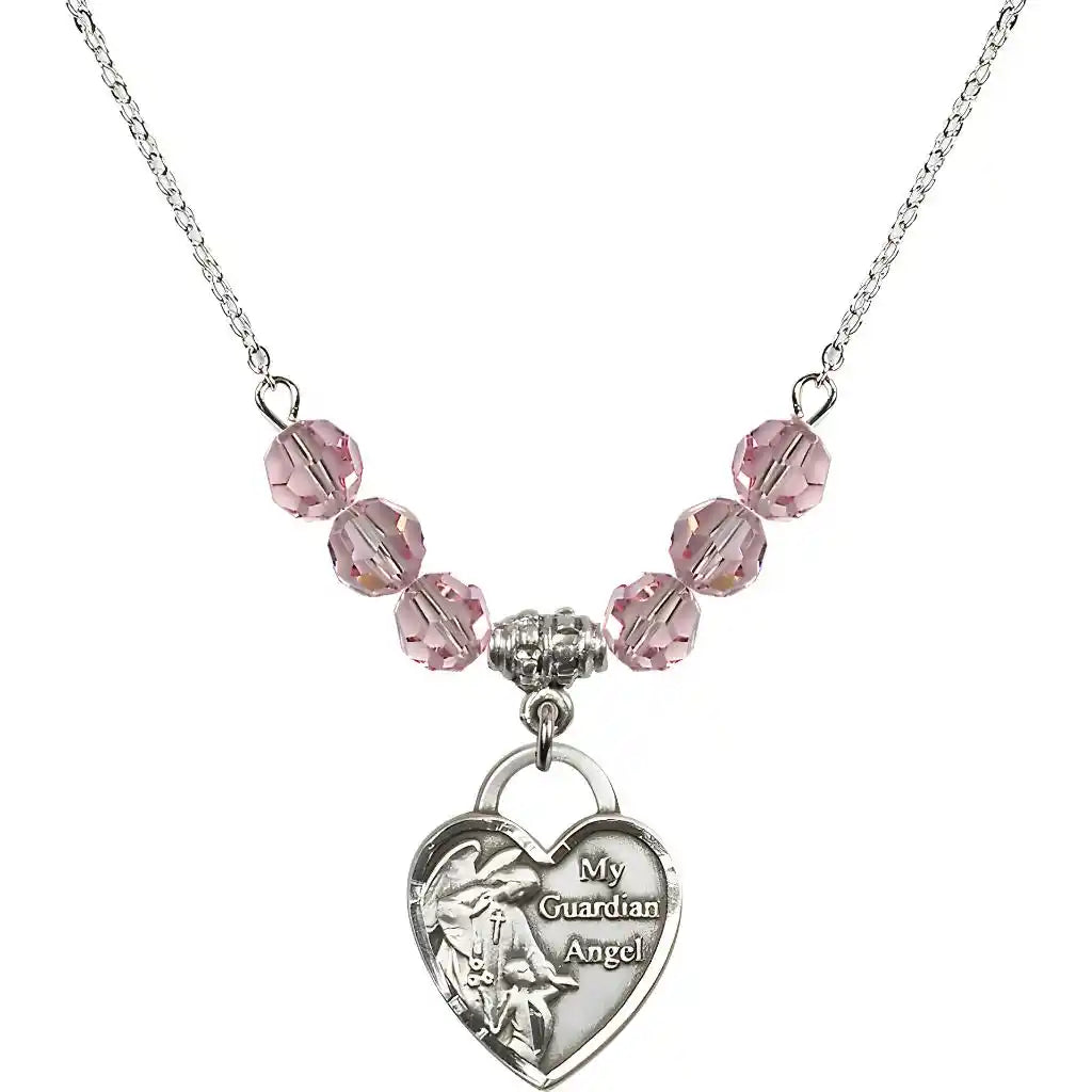 Bliss Heart Shaped Guardian Angel Sterling Silver medal, Birthstone 4mm Austrian Crystal Light Rose Beads