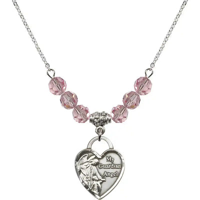 Bliss Heart Shaped Guardian Angel Sterling Silver medal, Birthstone 4mm Austrian Crystal Light Rose Beads