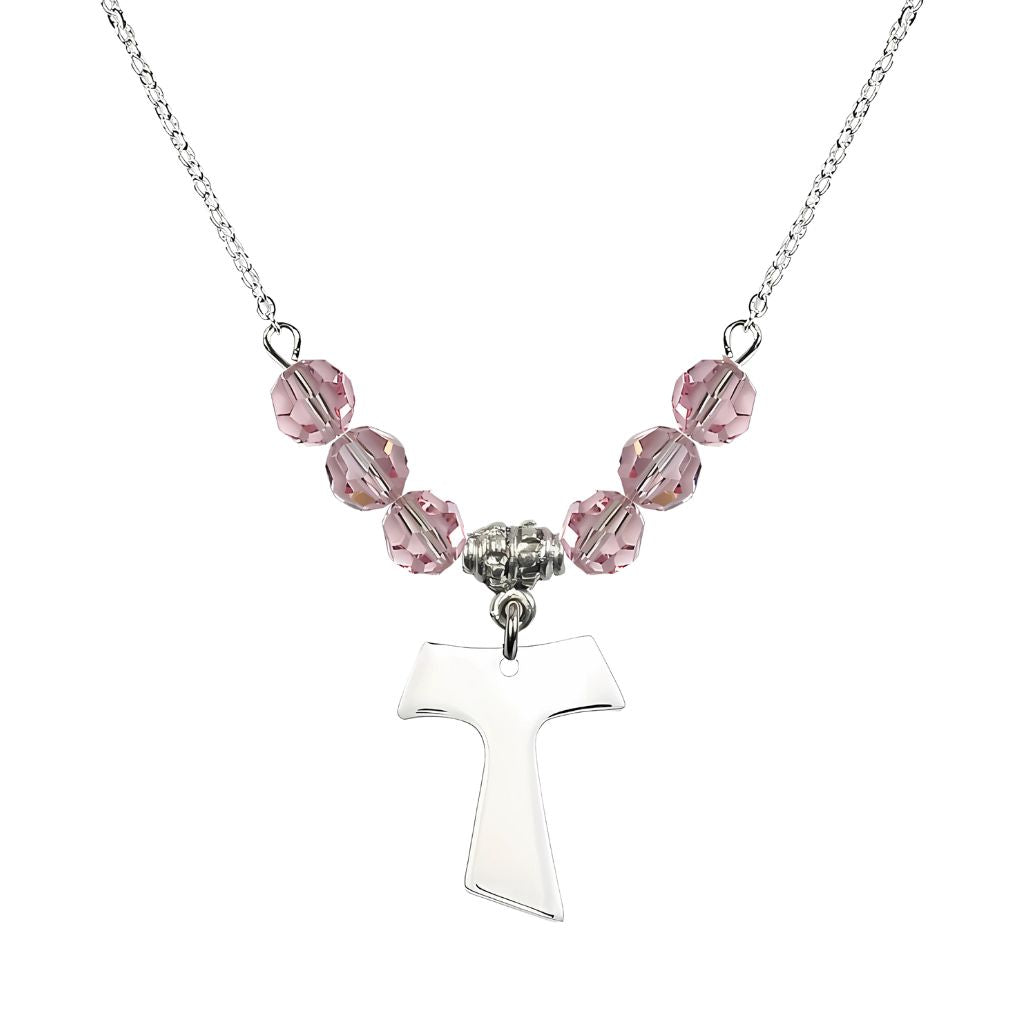 Bliss Franciscan Tau Cross Sterling Silver 6mm Crystal Bead Necklace in Light Rose tall by 5/8 inch wide