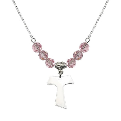 Franciscan Tau Cross Sterling Silver 6mm Crystal Bead Necklace in Light Rose tall by 5/8 inch wide, Bliss Manufacturing