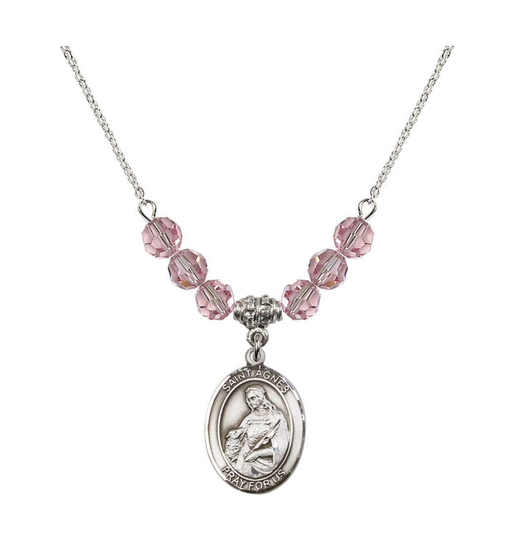  Bliss St Agnes of Rome Sterling Silver 6mm Beaded Necklace in Light Rose,