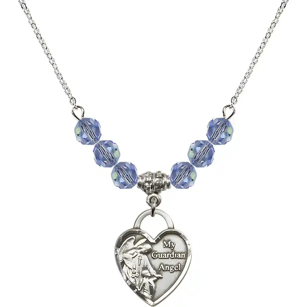 Bliss Heart Shaped Guardian Angel Sterling Silver medal, Birthstone 4mm Austrian Crystal Light Sapphire Beads