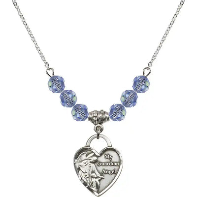 Bliss Heart Shaped Guardian Angel Sterling Silver medal, Birthstone 4mm Austrian Crystal Light Sapphire Beads