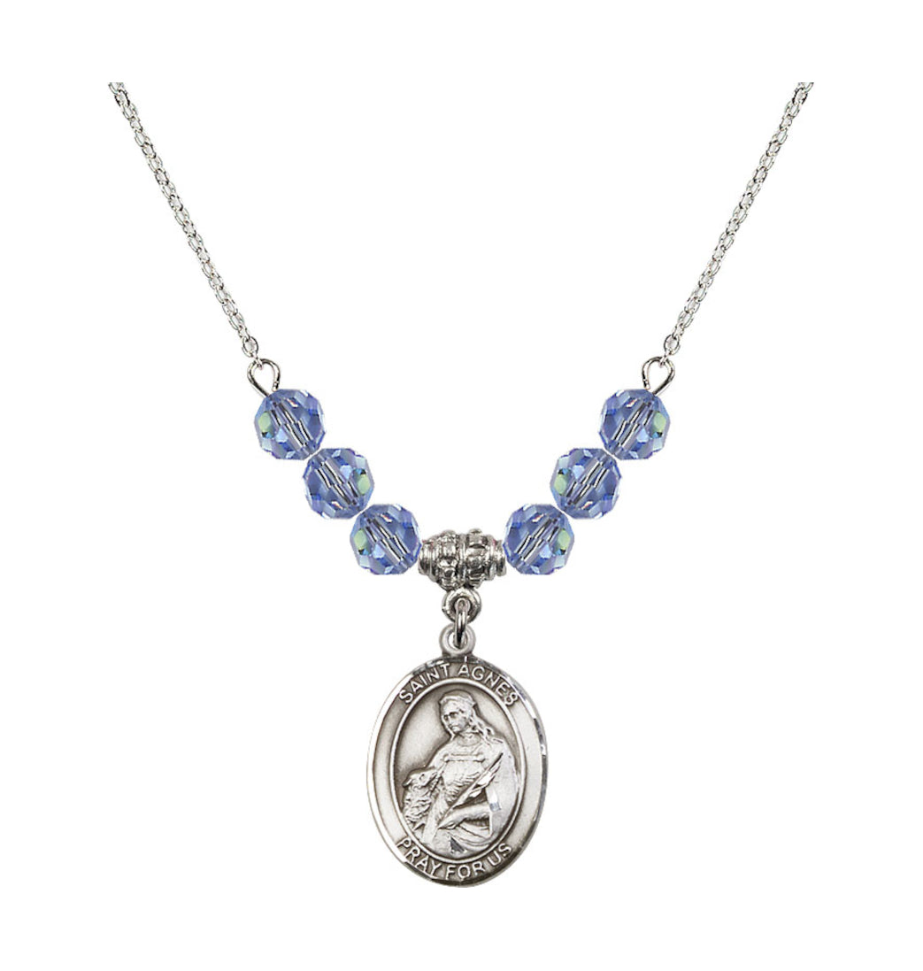  Bliss St Agnes of Rome Sterling Silver 6mm Beaded Necklace in Light Sapphire,