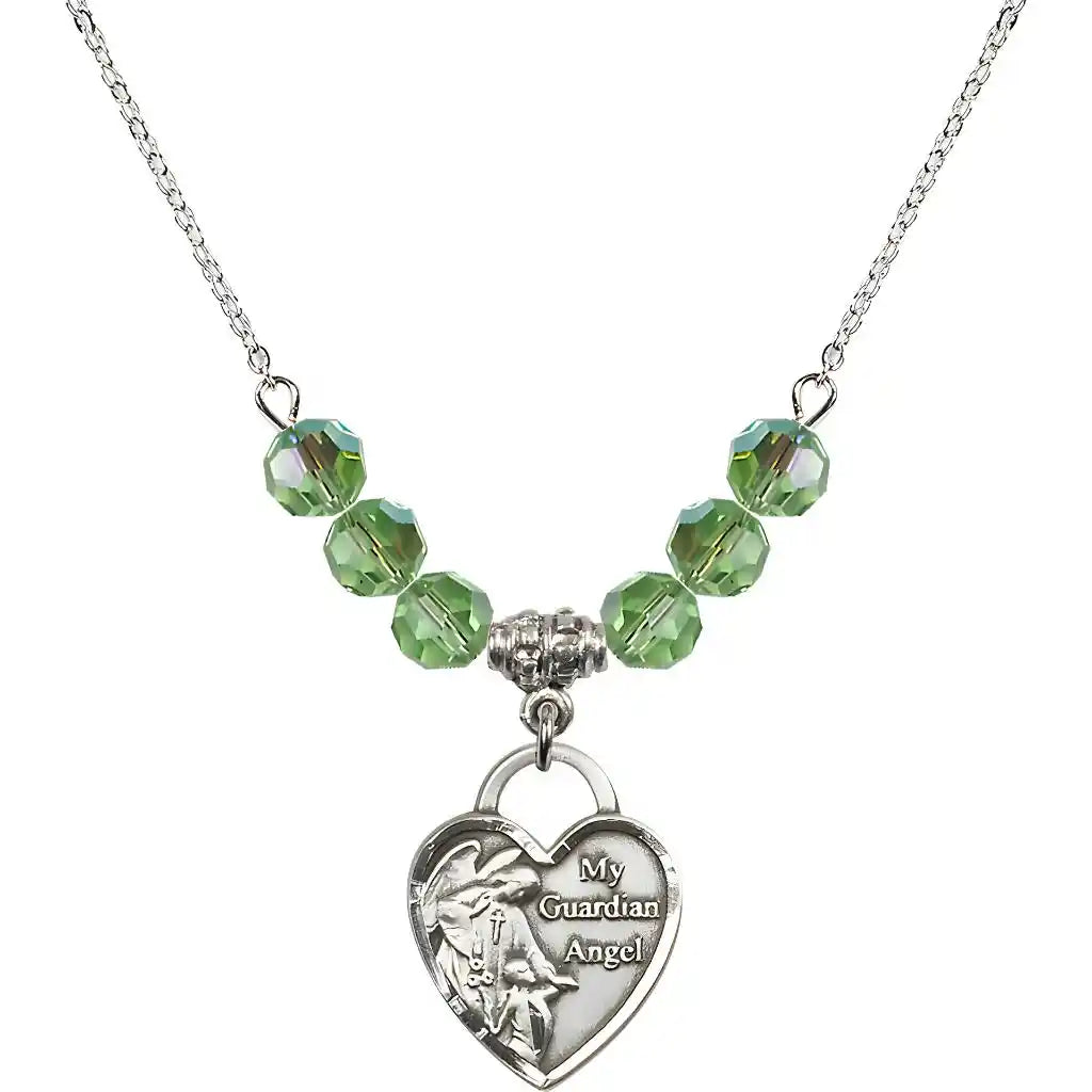 Bliss Heart Shaped Guardian Angel Sterling Silver medal, Birthstone 4mm Austrian Crystal Peridot Beads for August