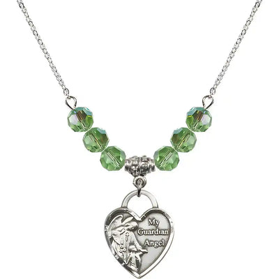 Bliss Heart Shaped Guardian Angel Sterling Silver medal, Birthstone 4mm Austrian Crystal Peridot Beads for August