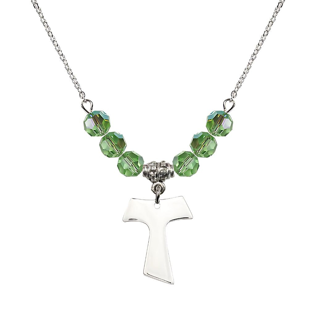 Bliss Franciscan Tau Cross Sterling Silver 6mm Crystal Bead Necklace in Peridot, Medal Measures 3/4 inch tall by 5/8 inch wide