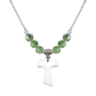 Franciscan Tau Cross Sterling Silver 6mm Crystal Bead Necklace in Peridot, Medal Measures 3/4 inch tall by 5/8 inch wide, Bliss Manufacturing