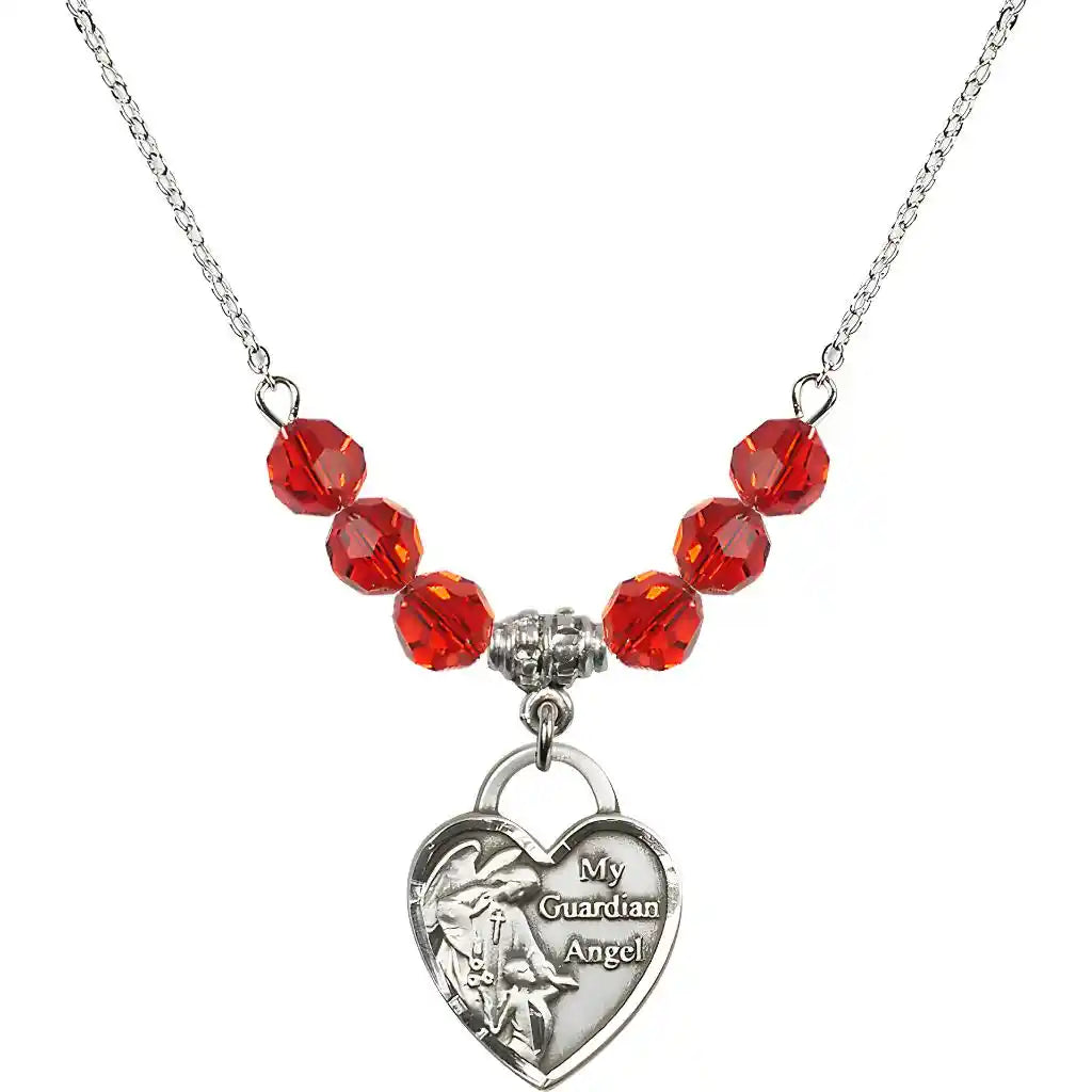 Bliss Heart Shaped Guardian Angel Sterling Silver medal, Birthstone 4mm Austrian Crystal Ruby Beads for July