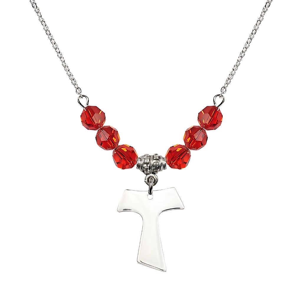 Bliss Franciscan Tau Cross Sterling Silver 6mm Crystal Bead Necklace in Ruby, Medal Measures 3/4 inch tall by 5/8 inch wide