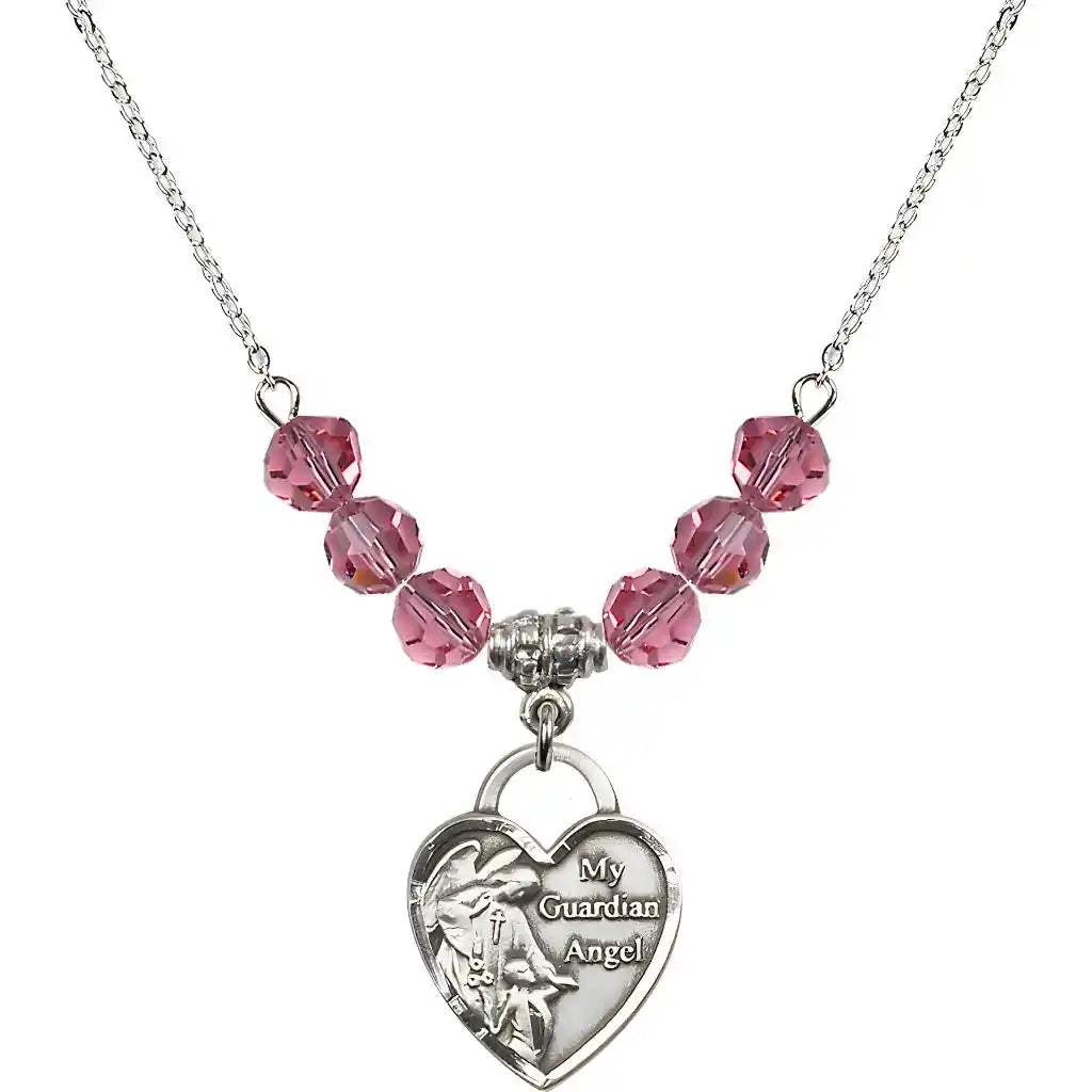 Bliss Heart Shaped Guardian Angel Sterling Silver medal, Birthstone 4mm Austrian Crystal Pink Rose Beads for October
