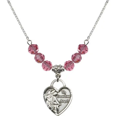 Bliss Heart Shaped Guardian Angel Sterling Silver medal, Birthstone 4mm Austrian Crystal Pink Rose Beads for October