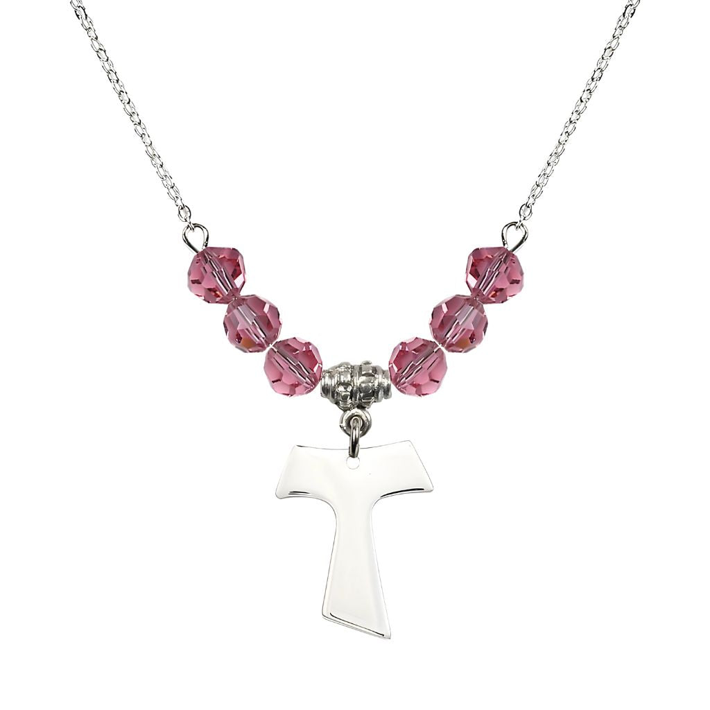 Bliss Franciscan Tau Cross Sterling Silver 6mm Crystal Bead Necklace in Rose, Medal Measures 3/4 inch tall by 5/8 inch wide