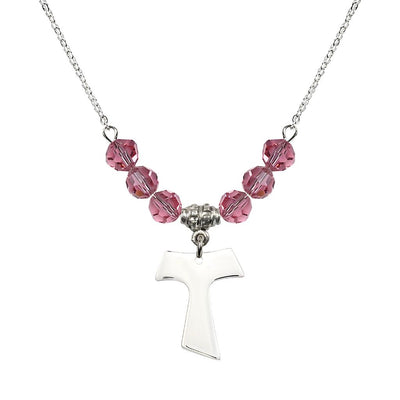 Franciscan Tau Cross Sterling Silver 6mm Crystal Bead Necklace in Rose, Medal Measures 3/4 inch tall by 5/8 inch wide, Bliss Manufacturing