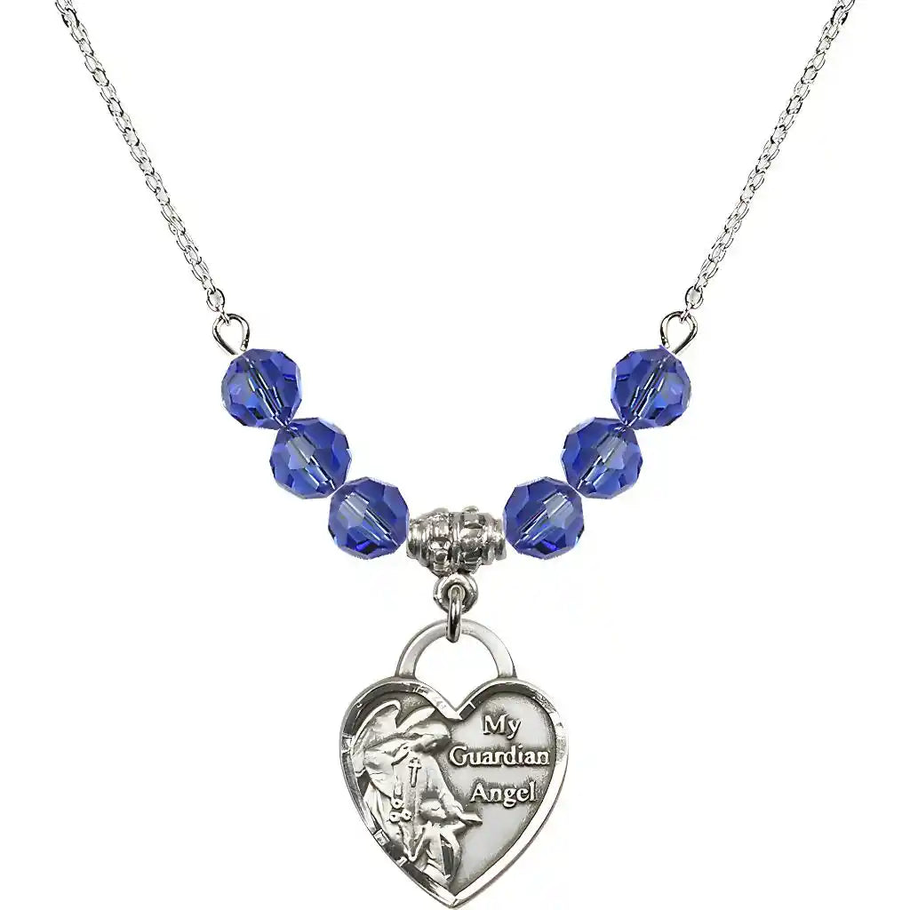 Bliss Heart Shaped Guardian Angel Sterling Silver medal, Birthstone 4mm Austrian Crystal Sapphire Beads for September