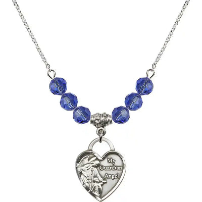 Bliss Heart Shaped Guardian Angel Sterling Silver medal, Birthstone 4mm Austrian Crystal Sapphire Beads for September