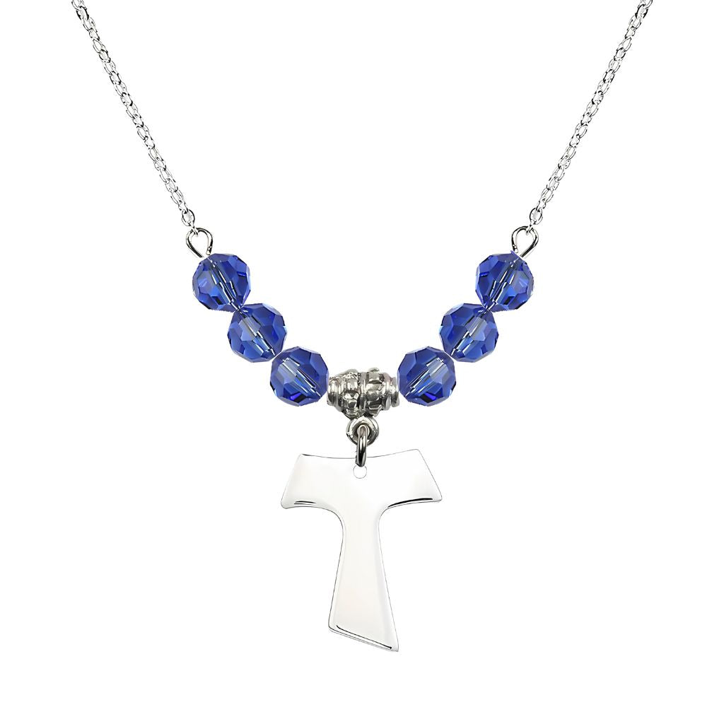 Bliss Franciscan Tau Cross Sterling Silver 6mm Crystal Bead Necklace in Sapphire, Medal Measures 3/4 inch tall by 5/8 inch wide